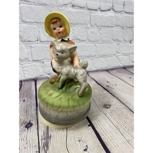 Vintage Little Girl Yellow Bonnet With Music Box Old Ceramic Figure